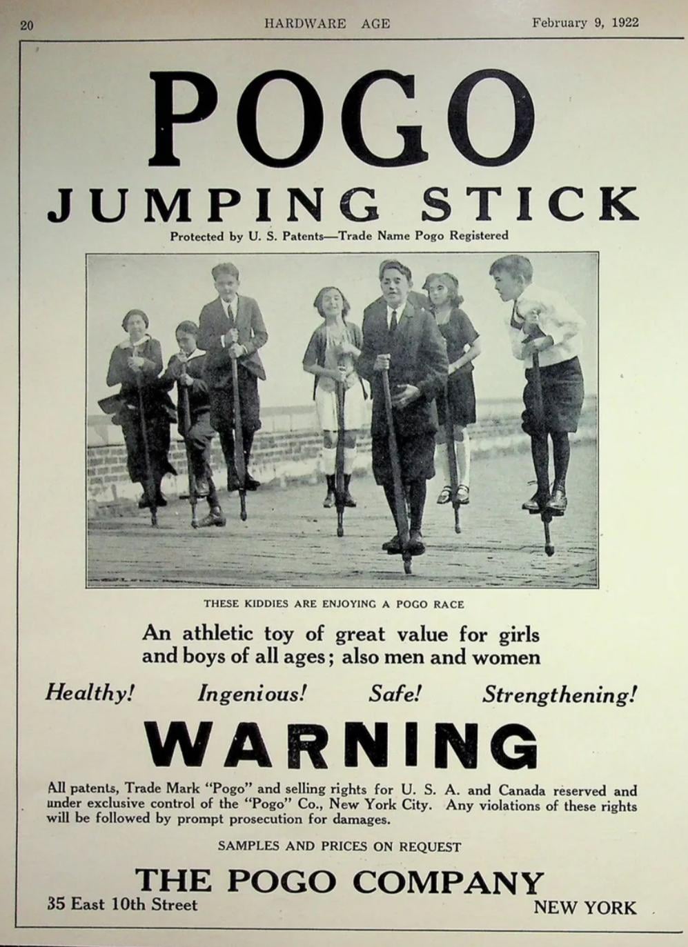 Vintage advertisement showing children and adults using pogo sticks, with bold text promoting the Pogo Jumping Stick as healthy, fun, and safe, and a warning about patent protection.