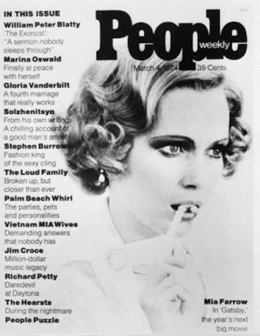 Black and white People magazine cover featuring Mia Farrow holding a lollipop to her mouth, with headlines about various celebrities and topics, dated March 1974, price 35 cents.