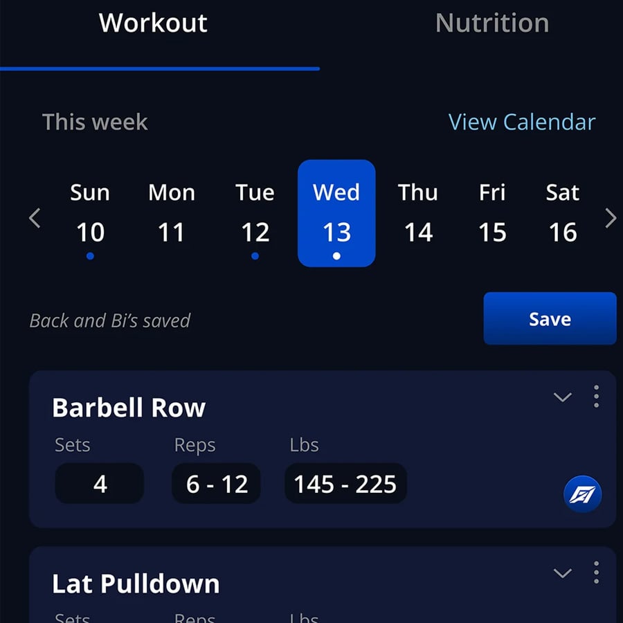 A workout app screen displays a weekly calendar, with Wednesday the 13th highlighted. Barbell Row and Lat Pulldown exercises are listed with sets, reps, and weight ranges shown.