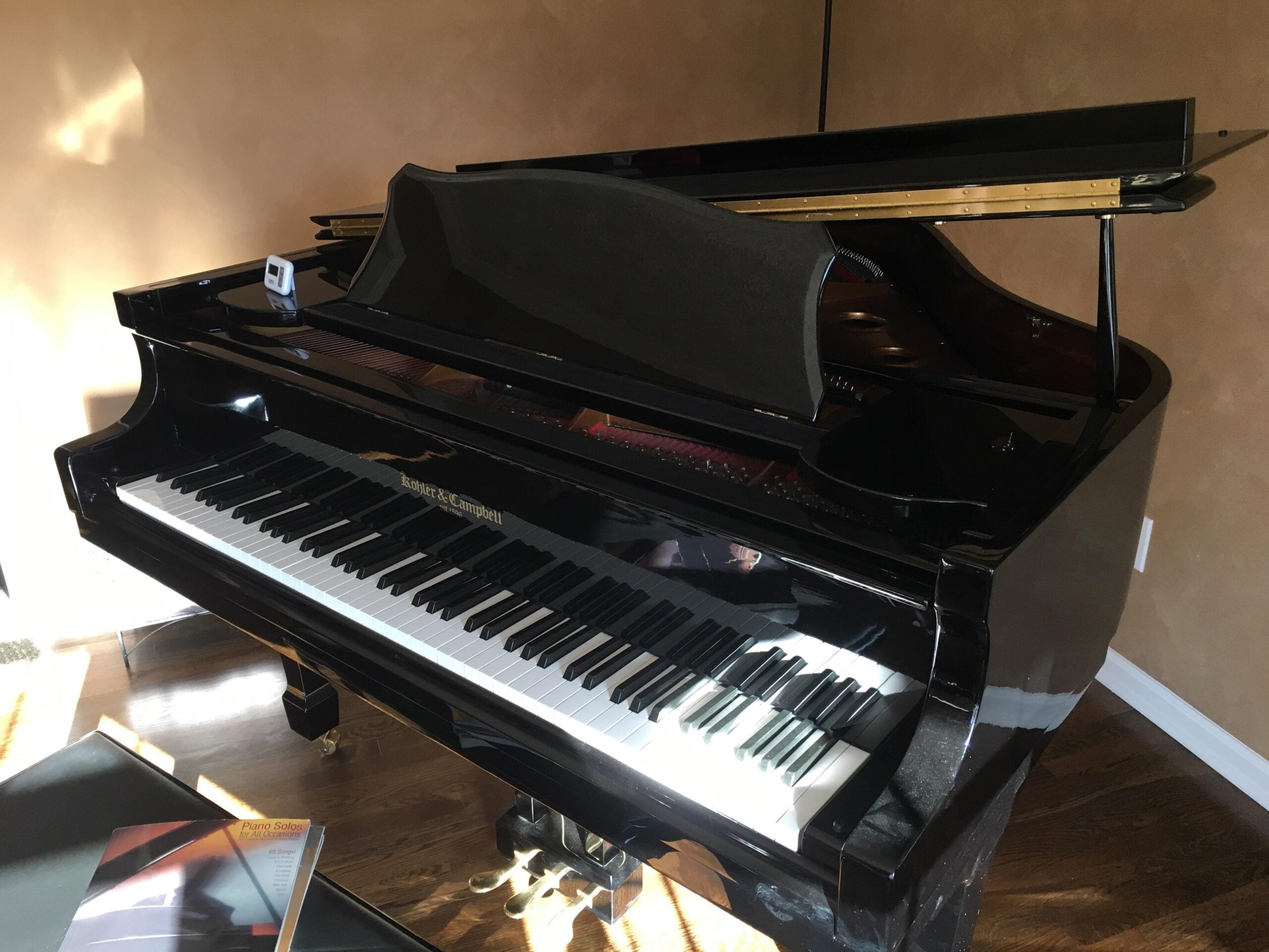 A black grand piano with its lid open sits on a wooden floor, bathed in sunlight. A metronome rests above the keys, and some books lie open nearby.