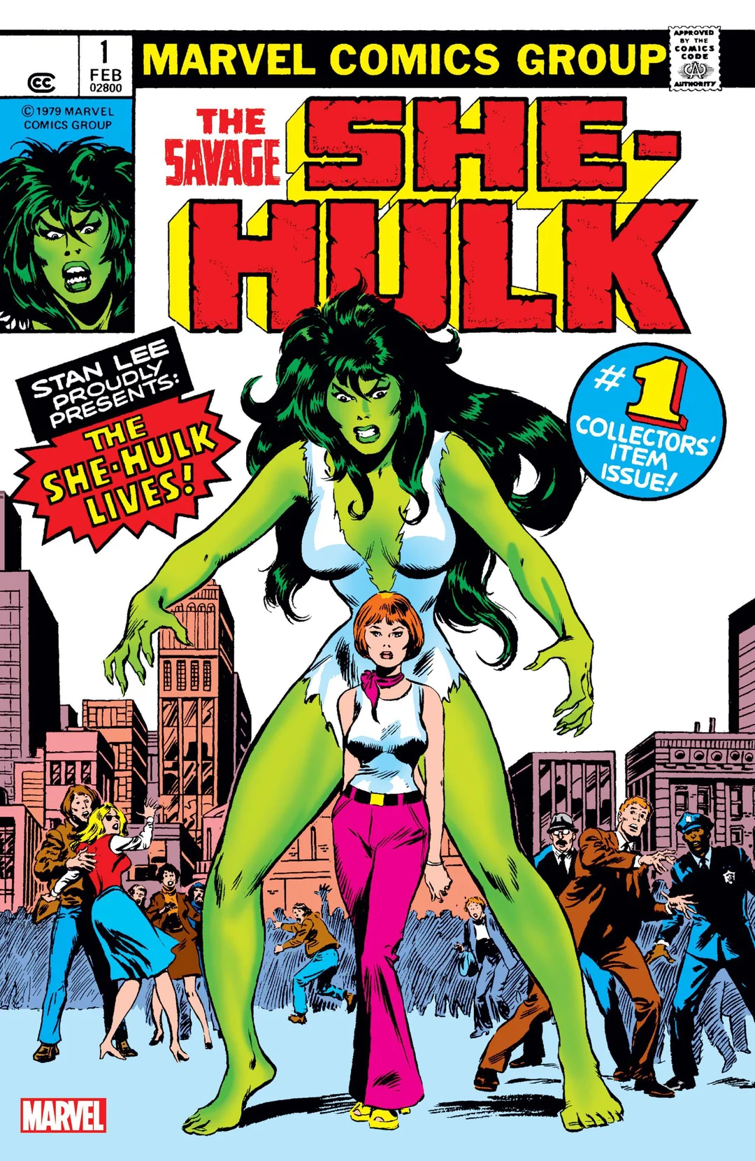 Comic book cover: She-Hulk, green-skinned and muscular, stands behind a frightened woman in pink. Crowds and police in the background look on in shock. Text: “The Savage She-Hulk,” “#1 Collectors’ Item Issue!”