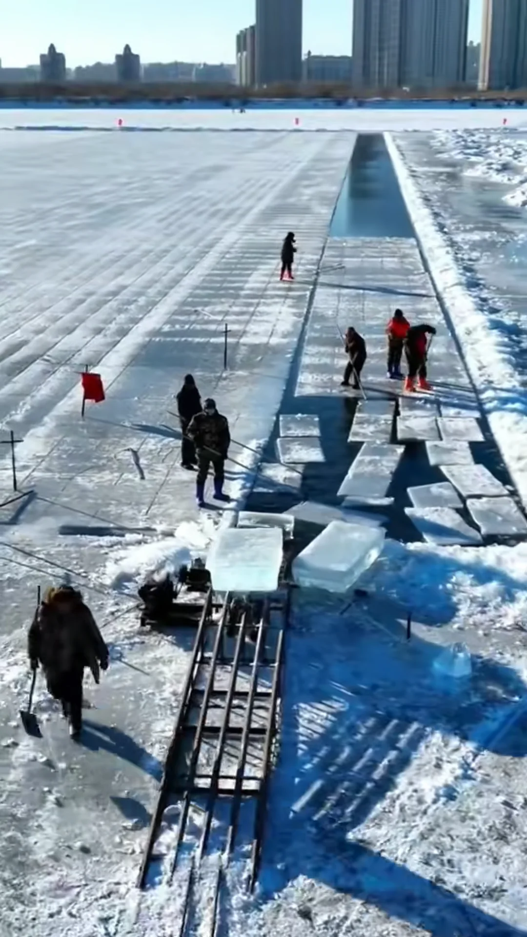 People work on a frozen body of water, cutting and moving large blocks of ice. Tools and ramps are arranged on the ice, and buildings are visible in the distant background. The scene is bright and cold.