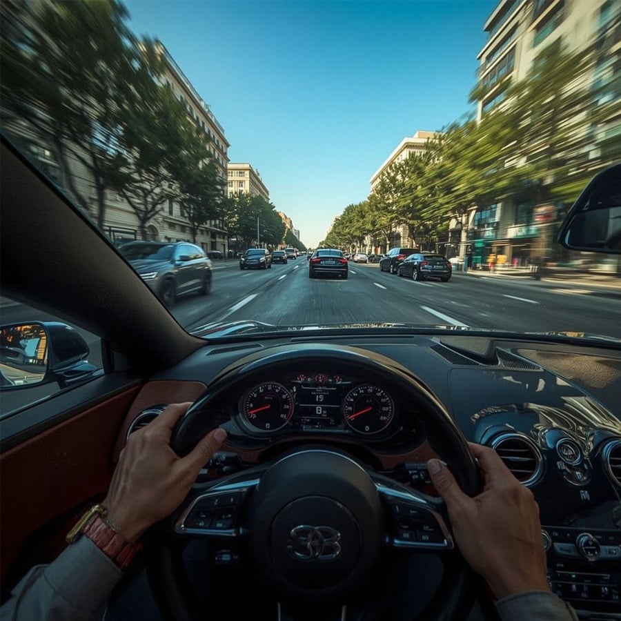 View from inside a car, showing hands on the steering wheel and a city street with several cars ahead. Buildings and trees line both sides of the road, with a clear blue sky above.