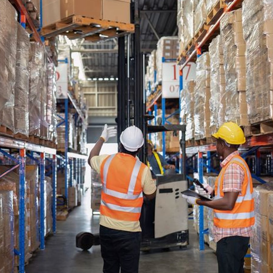 Two workers in safety vests and helmets supervise a forklift lifting boxes in a warehouse aisle lined with tall shelves stacked with goods.