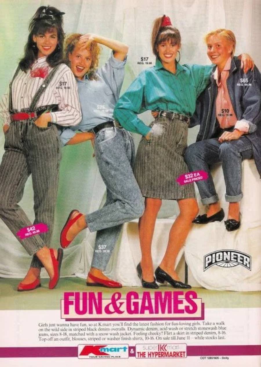 Four smiling teens in colorful, striped, and belted 1980s fashion pose in a playful manner against a plain background. Clothing prices and store logos are visible in the image.