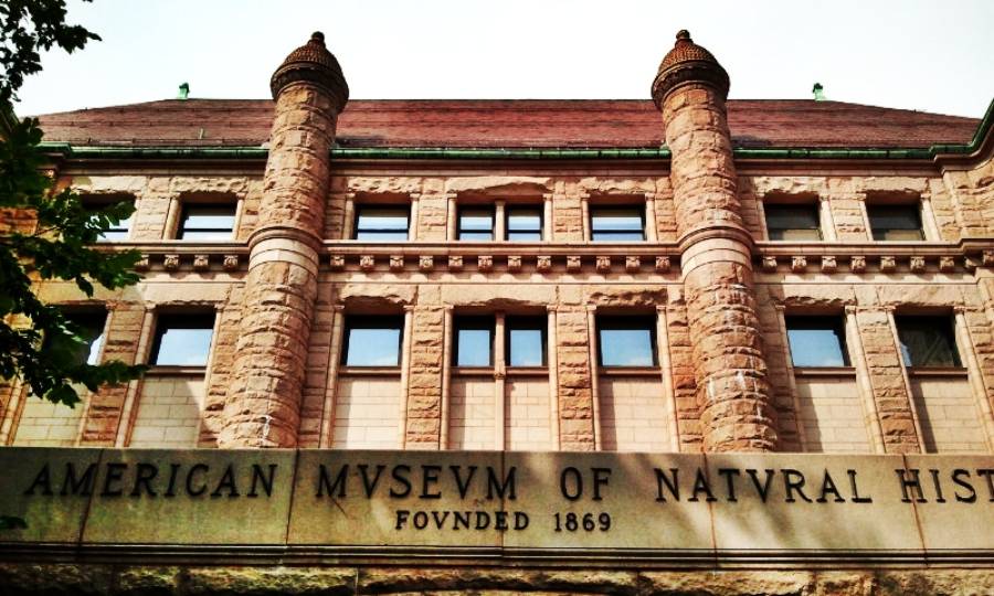 Facade of the American Museum of Natural History, showing stone turrets, arched windows, and carved text reading “AMERICAN MVSEVM OF NATVRAL HISTORY FOVNDED 1869.”