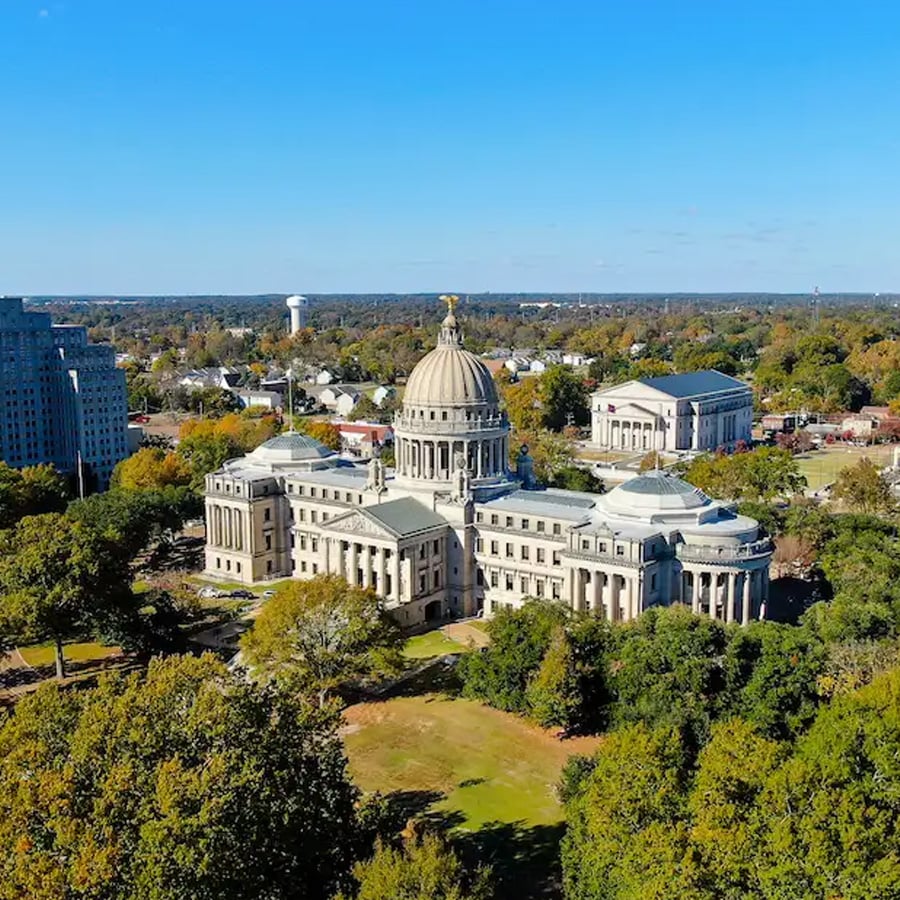 Aerial view of a large domed government building surrounded by trees, with other buildings and a clear blue sky in the background.