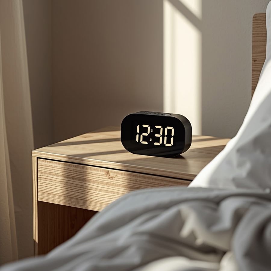 A digital alarm clock displaying 12:30 sits on a wooden bedside table next to an unmade bed, with sunlight streaming through a nearby window.