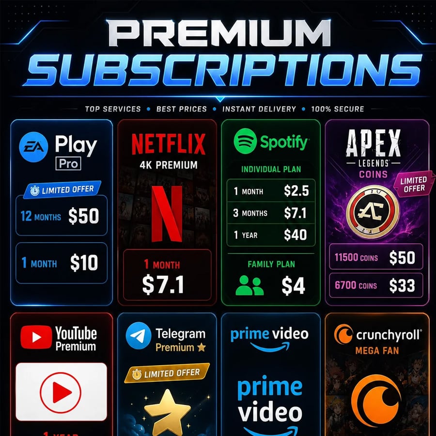 Grid of popular subscription services with logos and prices, including EA Play, Netflix, Spotify, Apex Legends Coins, YouTube Premium, Telegram Premium, Prime Video, and Crunchyroll Mega Fan. Each shows duration and cost.