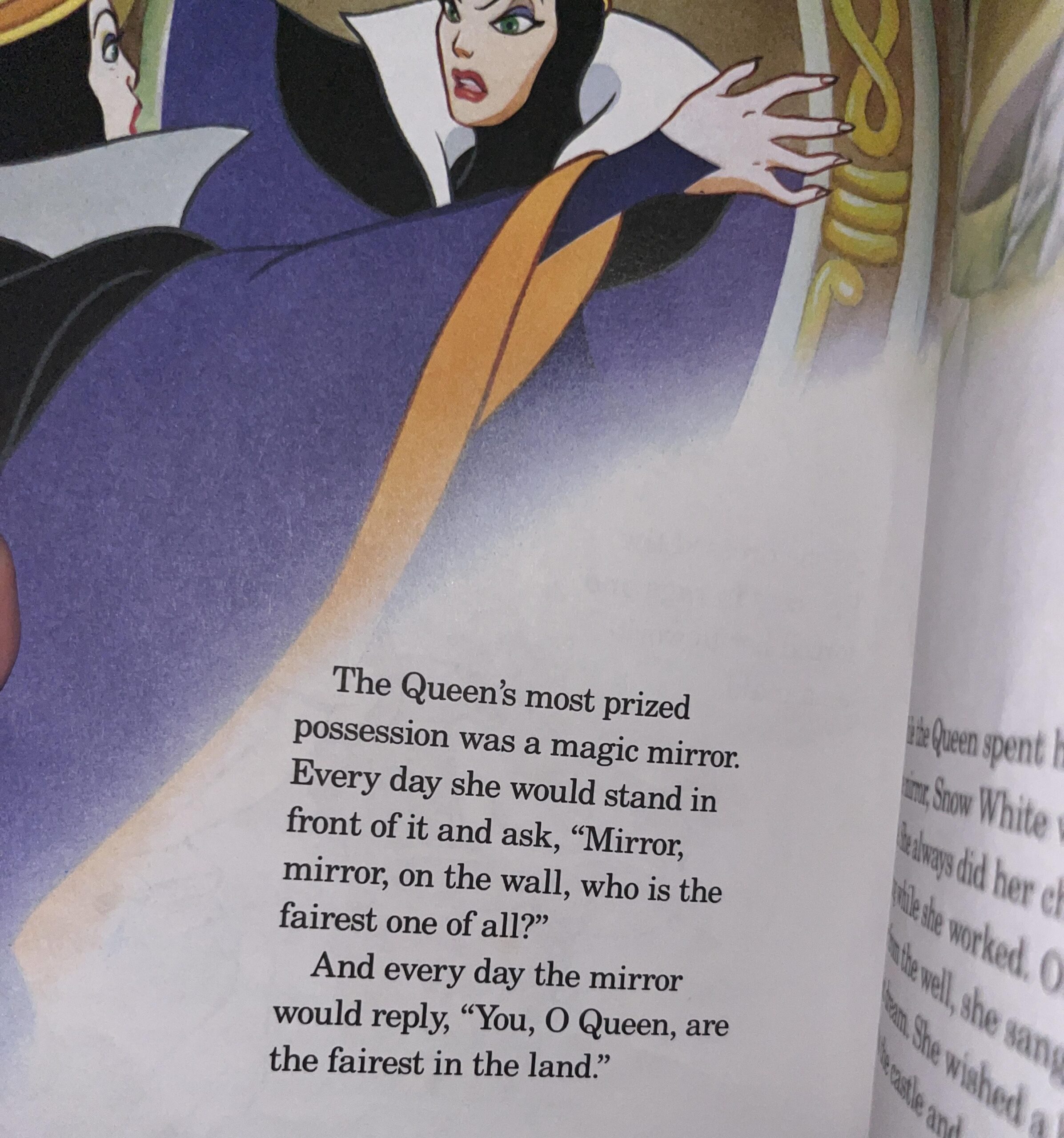 Illustration of a queen in a dramatic pose beside text from a storybook: “Mirror, mirror, on the wall, who is the fairest one of all?” with a response that the queen is the fairest in the land.