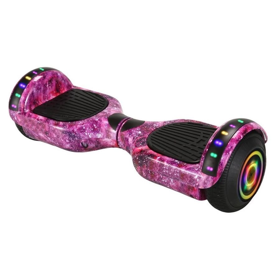 A pink and purple galaxy-patterned hoverboard with LED lights on the wheels and footpads, displayed on a white background.