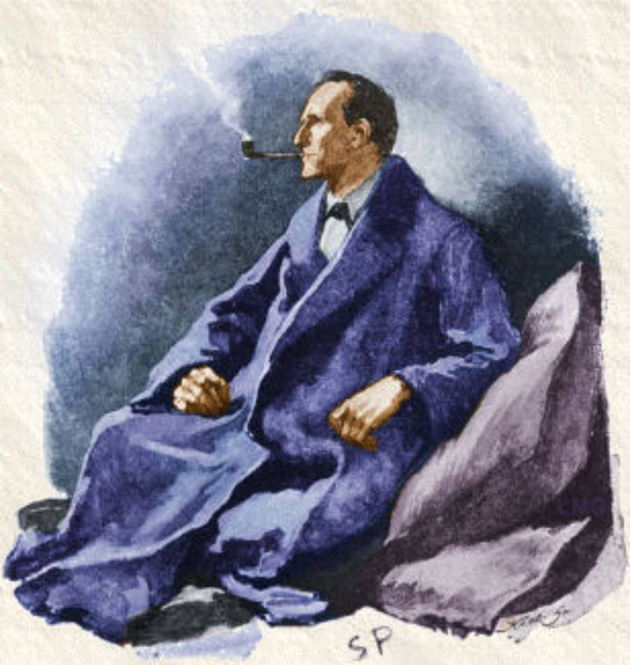 A man in a blue robe sits on a cushion, holding a pipe in his mouth. He appears relaxed, with his hands resting on his knees, and gazes to the right. The background is simple and softly painted.