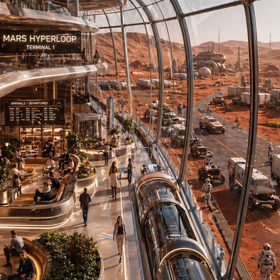 A futuristic Mars terminal with glass walls shows people walking inside, a hyperloop pod, and a red Martian landscape with vehicles and buildings outside.