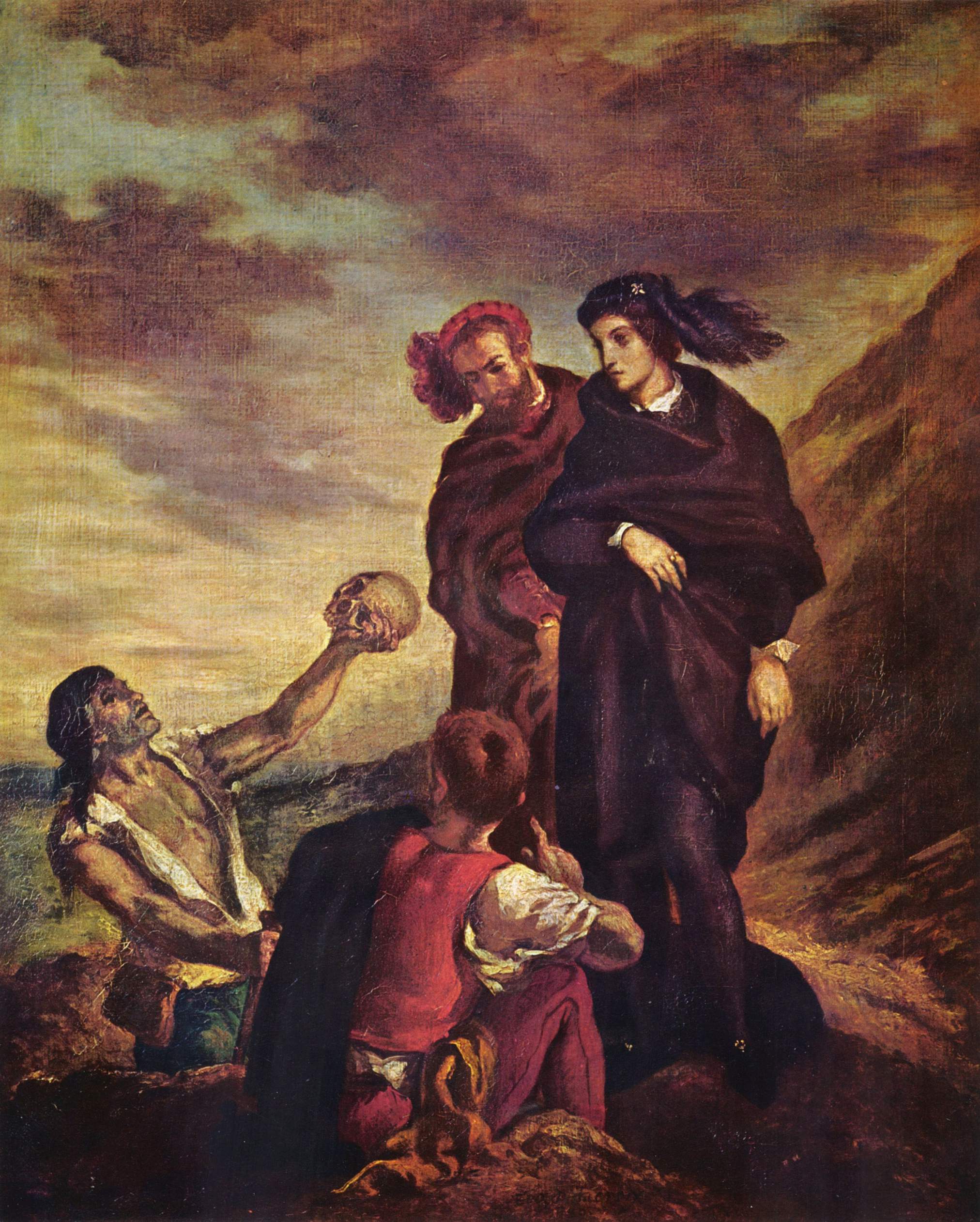 A dramatic scene shows three men, one kneeling and holding a skull aloft, while two others stand and watch under a stormy sky, dressed in historical clothing on a rocky landscape.