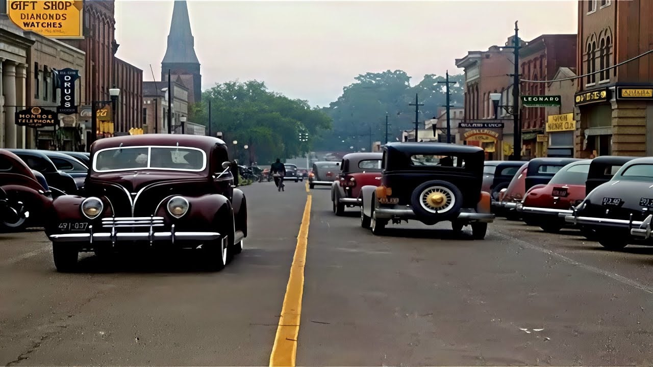 A vintage street scene with classic cars parked along both sides, people walking, and old brick buildings, including a gift shop and café. A church steeple is visible in the background.