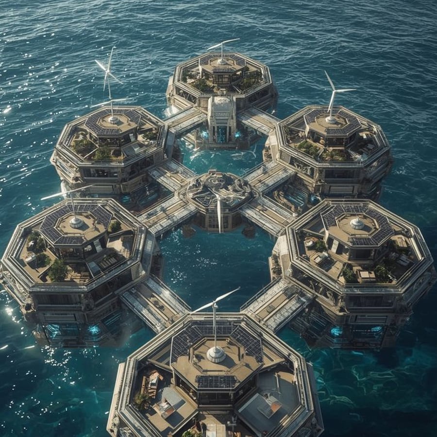A futuristic floating city with six connected hexagonal platforms featuring buildings, greenery, and wind turbines, set on a calm blue ocean.