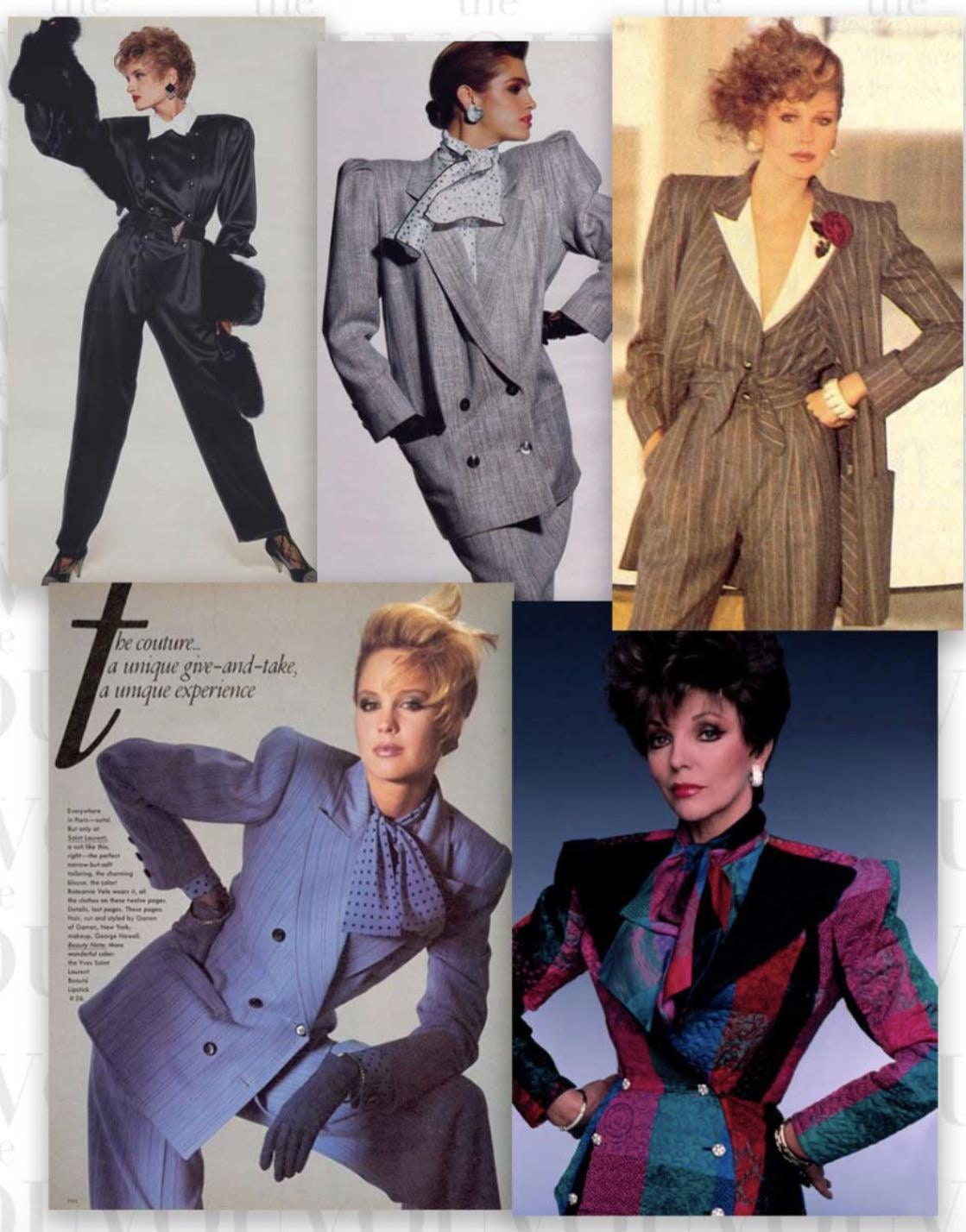 Five women in striking 1980s power suits with big shoulder pads, dramatic collars, and bold patterns, posing confidently in fashion magazine-style photos.