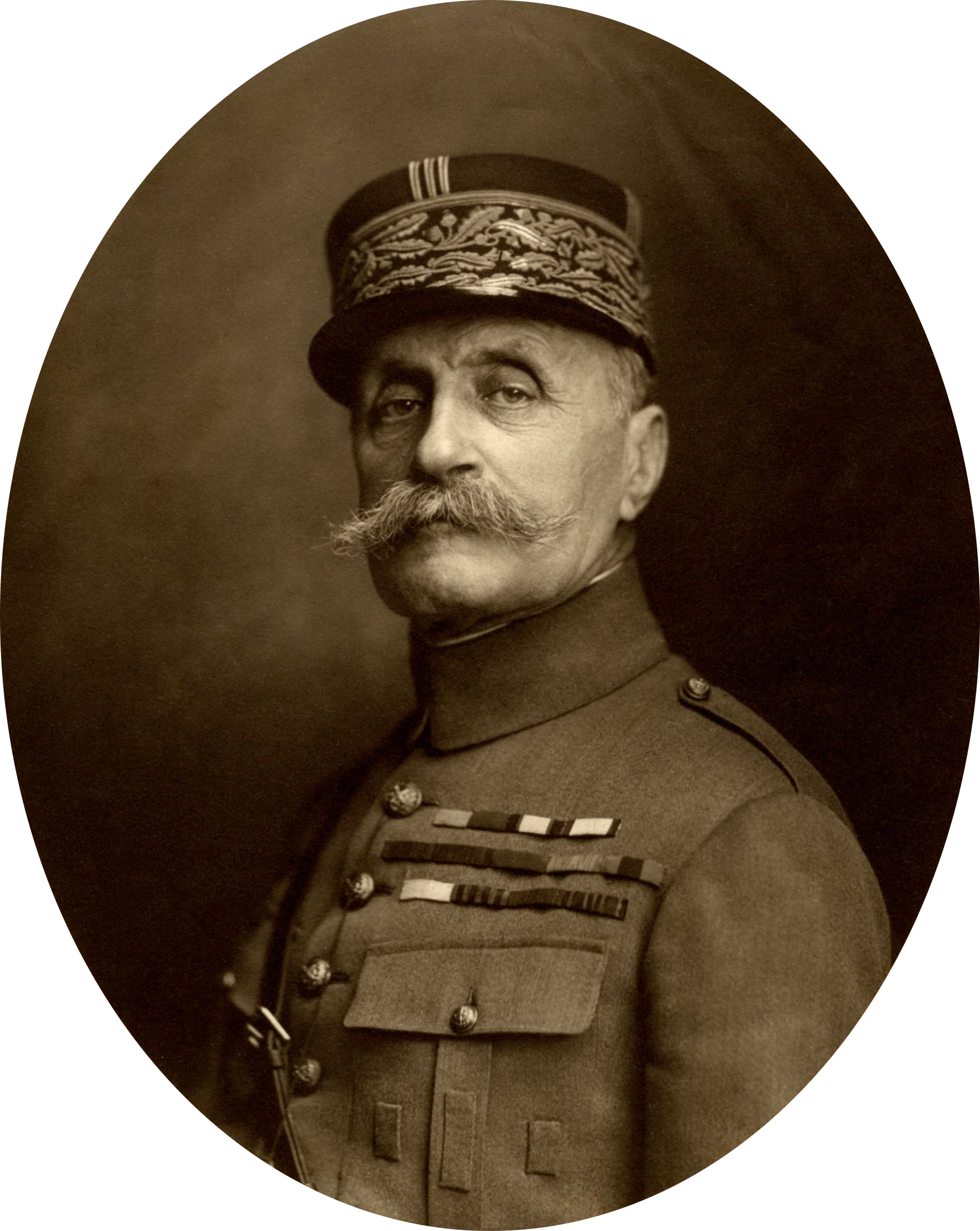 Sepia portrait of a man in a decorated military uniform and cap with a prominent mustache, looking slightly to the side with a neutral expression.