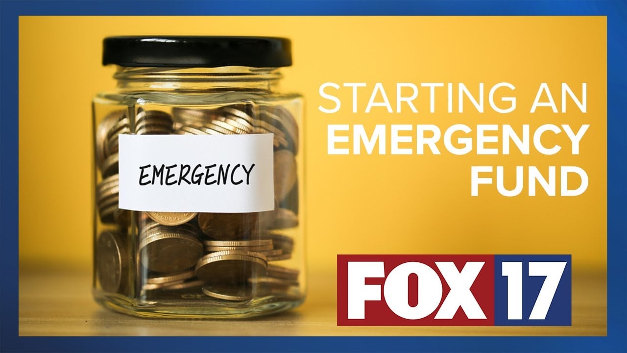 A jar labeled “Emergency” filled with coins is next to the text “Starting an Emergency Fund” and a FOX 17 logo, all set against a yellow background.