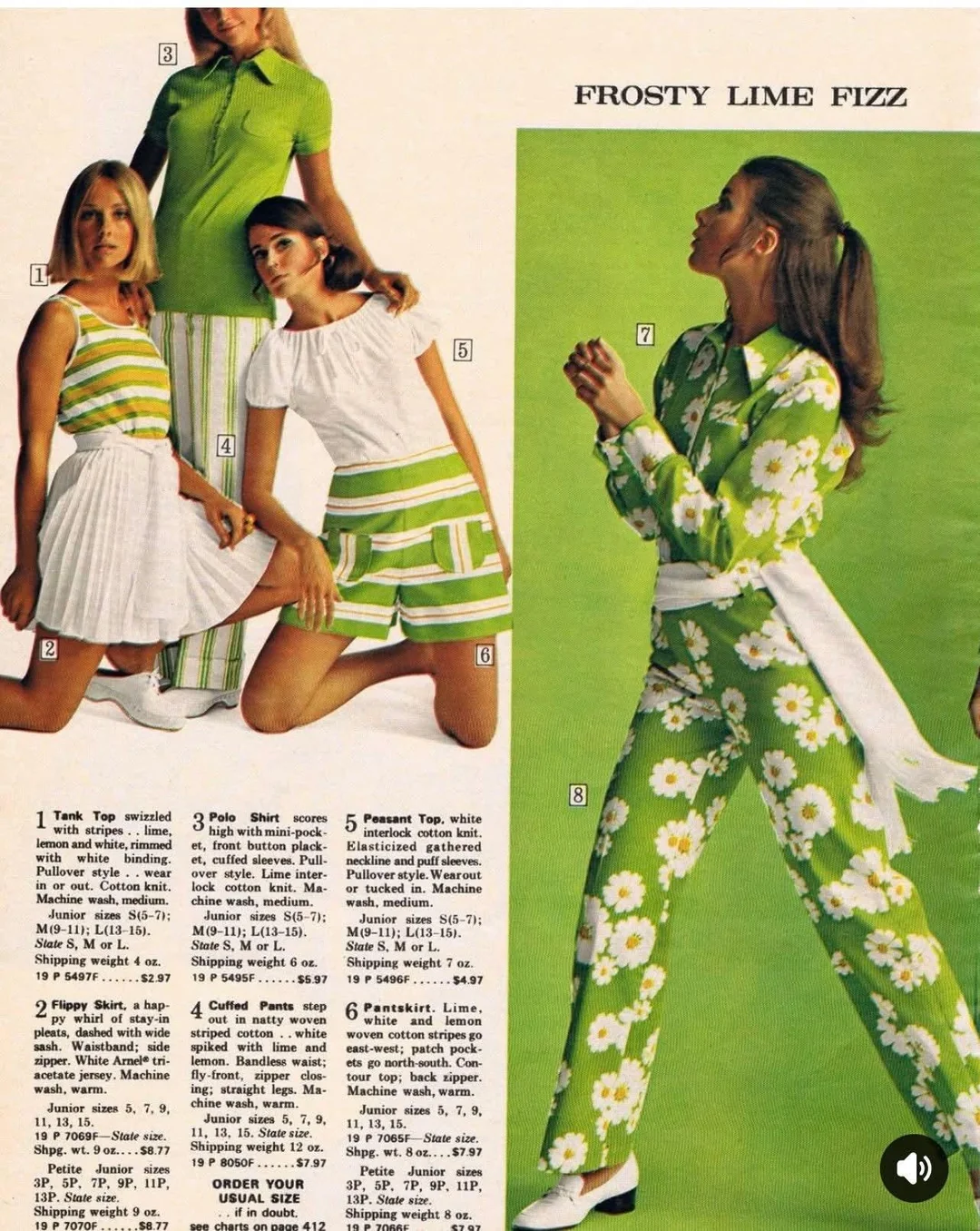 Four women model 1970s lime green and white outfits, including floral jumpsuits, striped skirts, and pleated skirts, against a bright green background with text that says “Frosty Lime Fizz.”