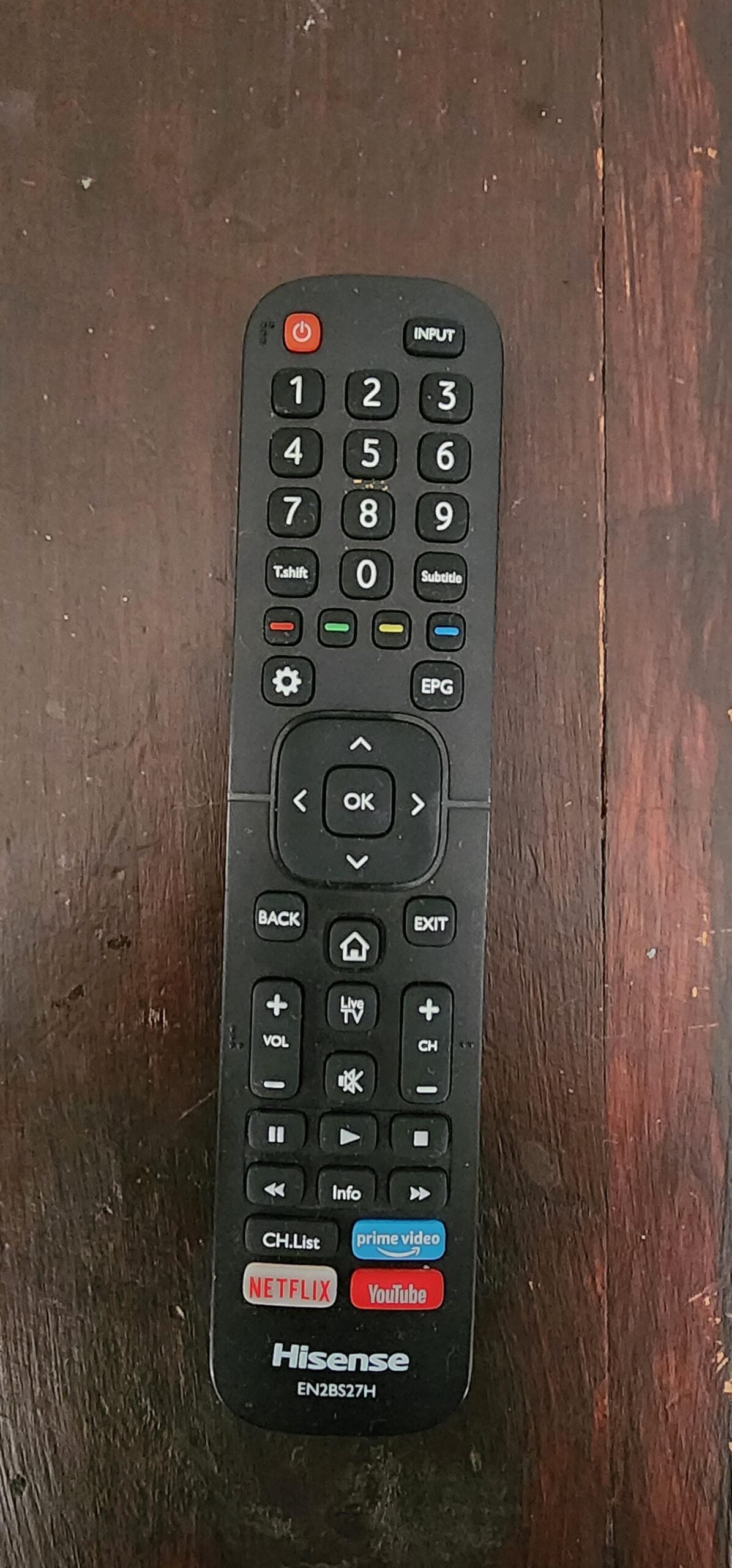 A black Hisense TV remote control on a dark wooden surface, featuring buttons for Netflix, YouTube, and Prime Video, along with standard navigation, volume, and channel controls.