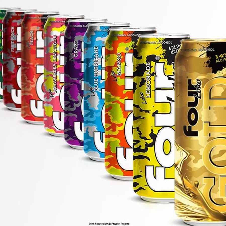 Nine colorful Four Loko cans are arranged in a diagonal line, each featuring a different flavor and vibrant design, with the text “Four Loko” prominently displayed on each can.