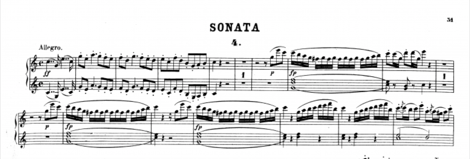 Sheet music titled “Sonata 4.” The tempo marking is Allegro. Two staves show piano notation with dynamics, slurs, and fingerings. The right hand features flowing sixteenth notes while the left has longer held chords.