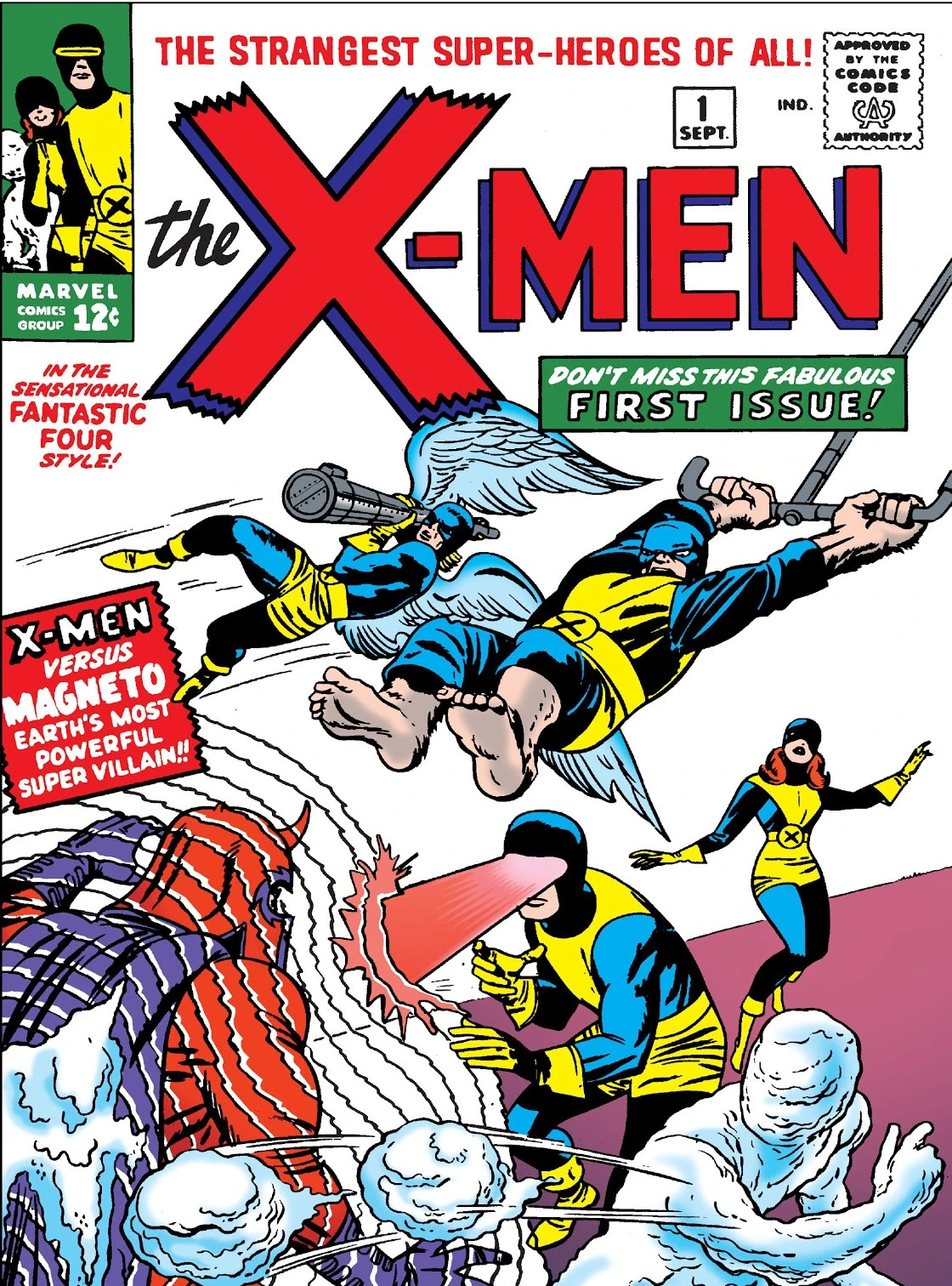 The X-Men comic cover featuring five superheroes battling Magneto, who uses magnetic powers. The title reads “The X-Men” and highlights the first issue with bold, colorful artwork.