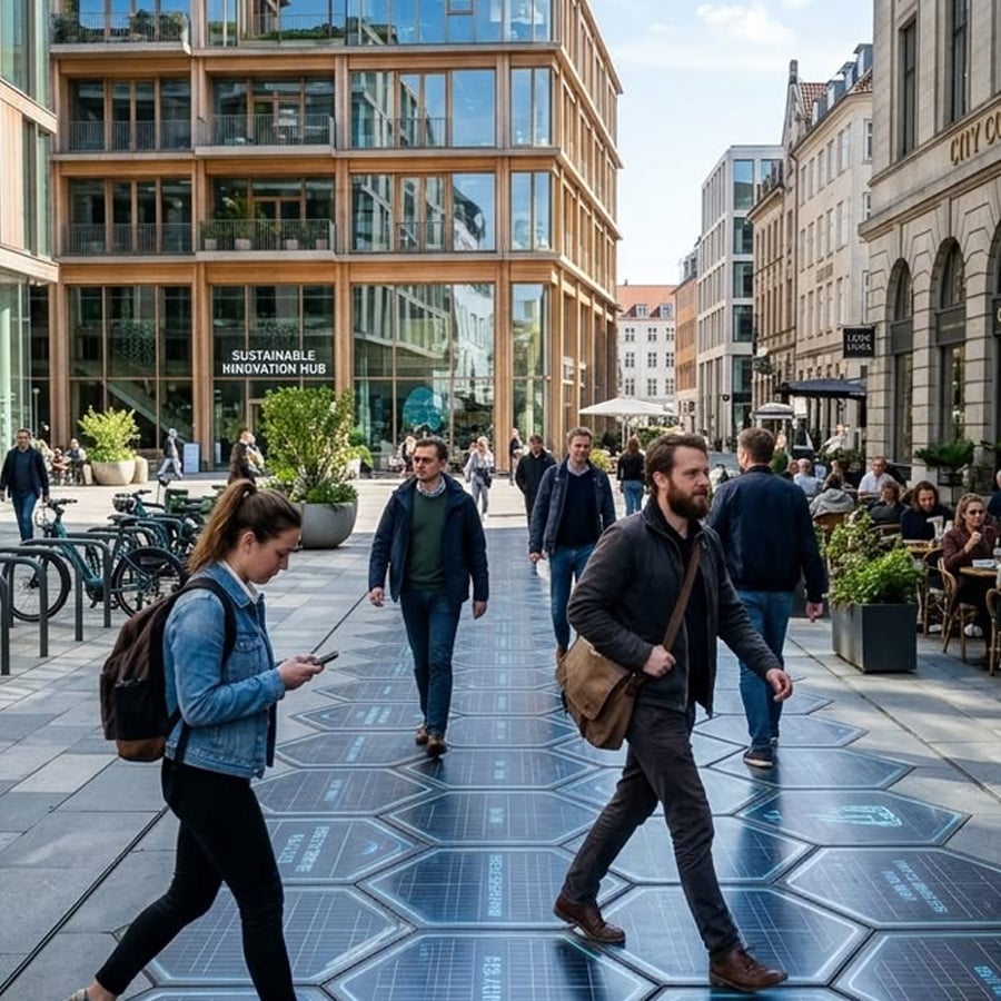 People walk along a pedestrian street with hexagonal solar panels on the ground, surrounded by modern glass buildings and outdoor cafes. The area looks urban and lively.