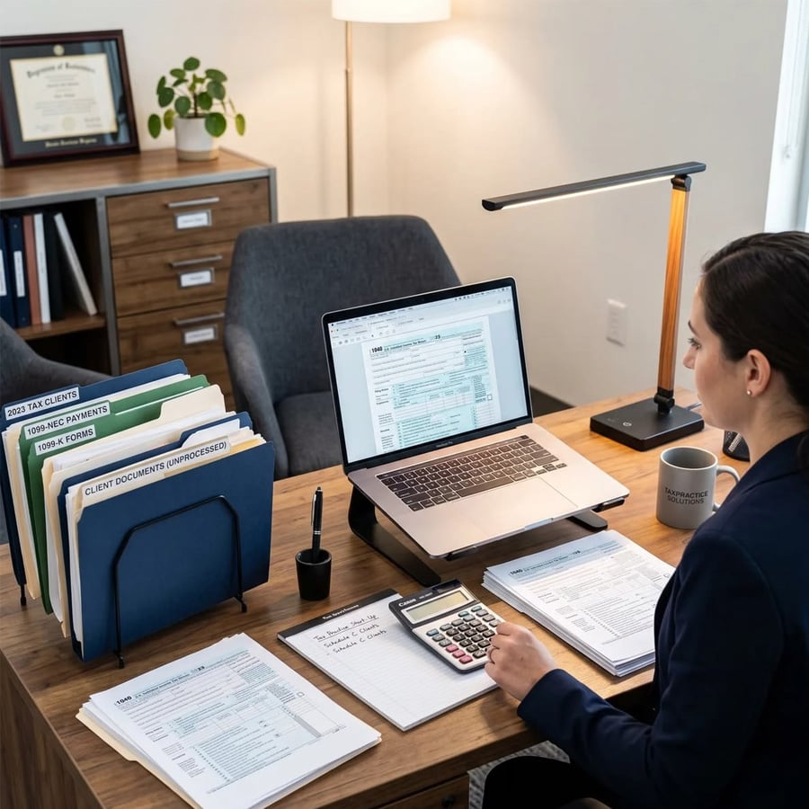 A person in business attire sits at a desk with a laptop, calculator, paperwork, folders, a lamp, and a mug, appearing to review financial or tax documents in a well-organized office setting.