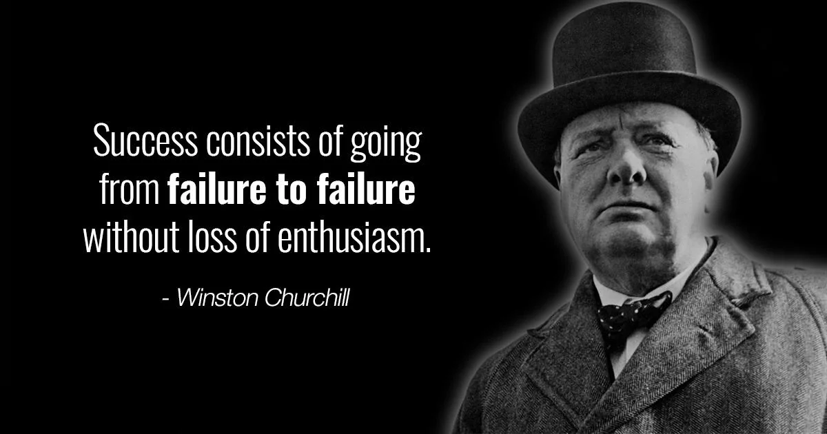 A man in a suit and hat stands beside a quote: “Success consists of going from failure to failure without loss of enthusiasm. - Winston Churchill” on a black background.