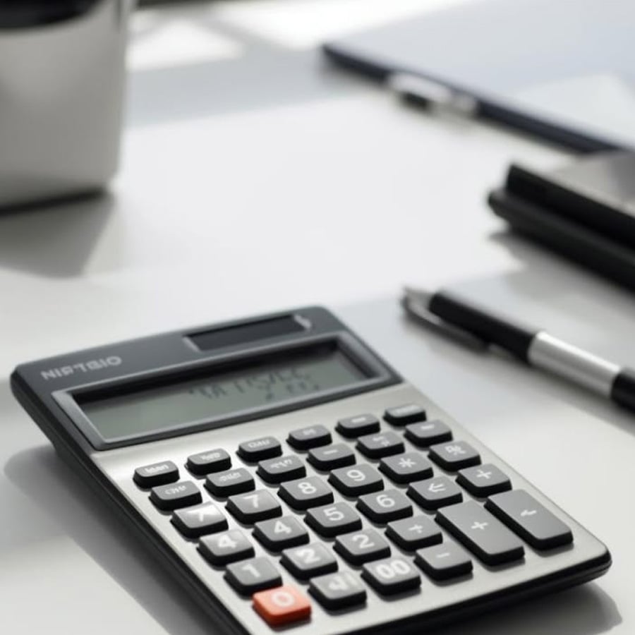 A calculator, pen, and notebook sit on a white desk, suggesting a workspace for calculations or budgeting.