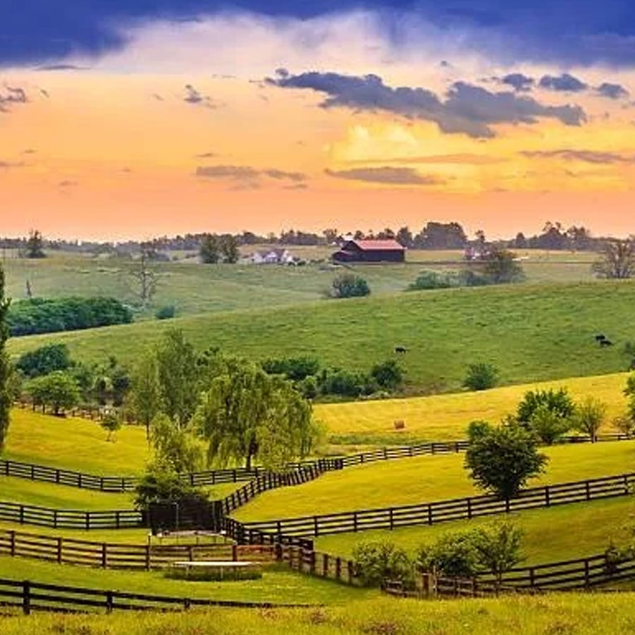 Rolling green hills with scattered trees, wooden fences, and farm buildings under a dramatic sunset sky with clouds.