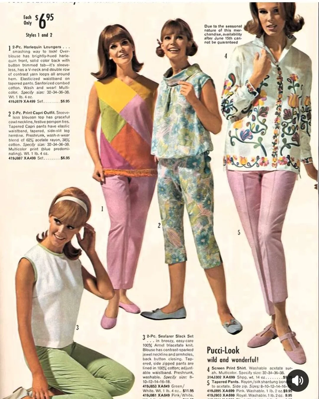 Four women model colorful 1960s loungewear sets, including capri pants and tunics in patterns like floral, pastel, and geometric prints, standing and seated against a plain background.