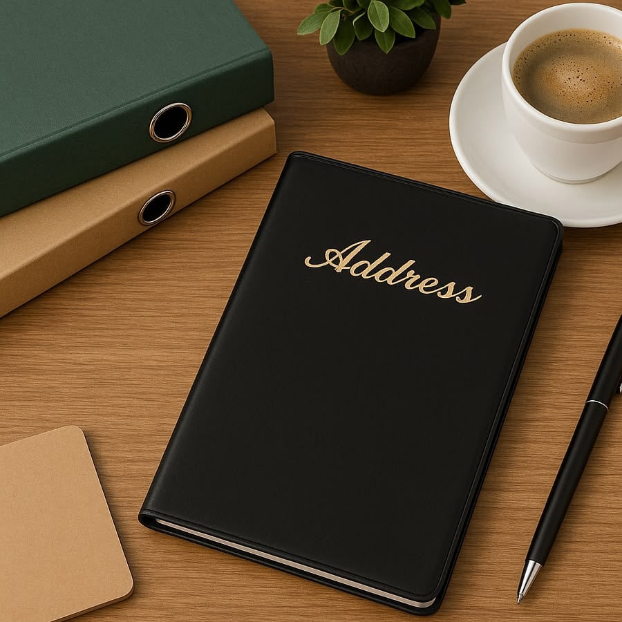 A black address book with gold lettering sits on a wooden desk next to a pen, a cup of coffee, two binders, a small plant, and a notecard.