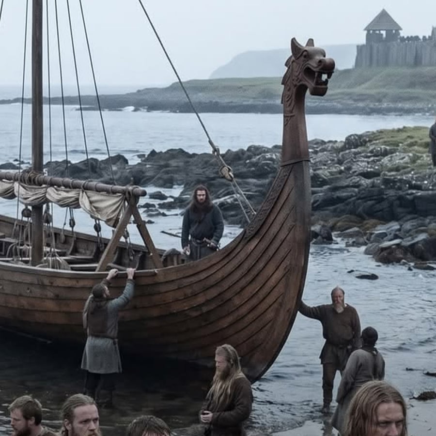 A group of people dressed in medieval clothing stand beside a wooden Viking longship on a rocky shore, with a fortress visible on a cliff in the misty background.