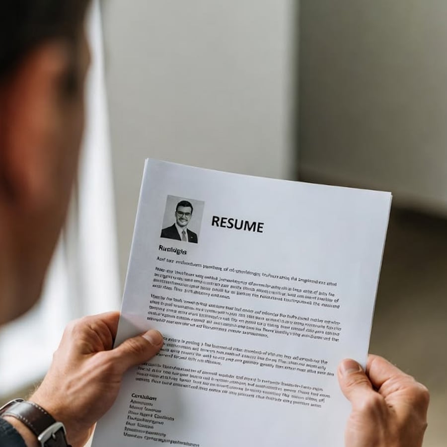 A person is holding and looking at a printed resume with a profile photo and text. The resume includes headings and paragraphs, but the text is mostly unreadable. The background is out of focus.