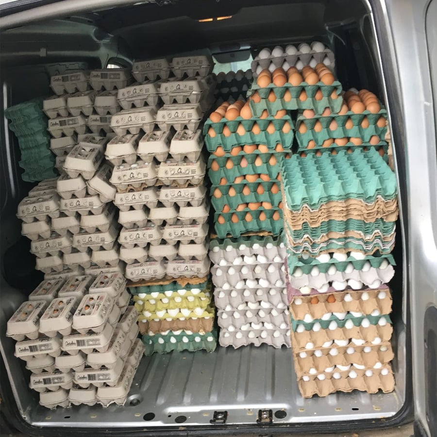 A van loaded with stacks of egg cartons, some in cardboard boxes and others on trays, holding both white and brown eggs, organized neatly against the sides and back of the vehicle.