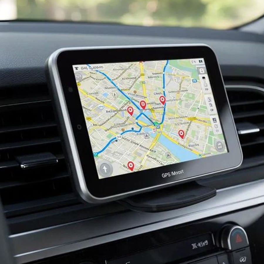 A GPS device mounted on a car dashboard displays a city map with several red location pins marking destinations or points of interest.