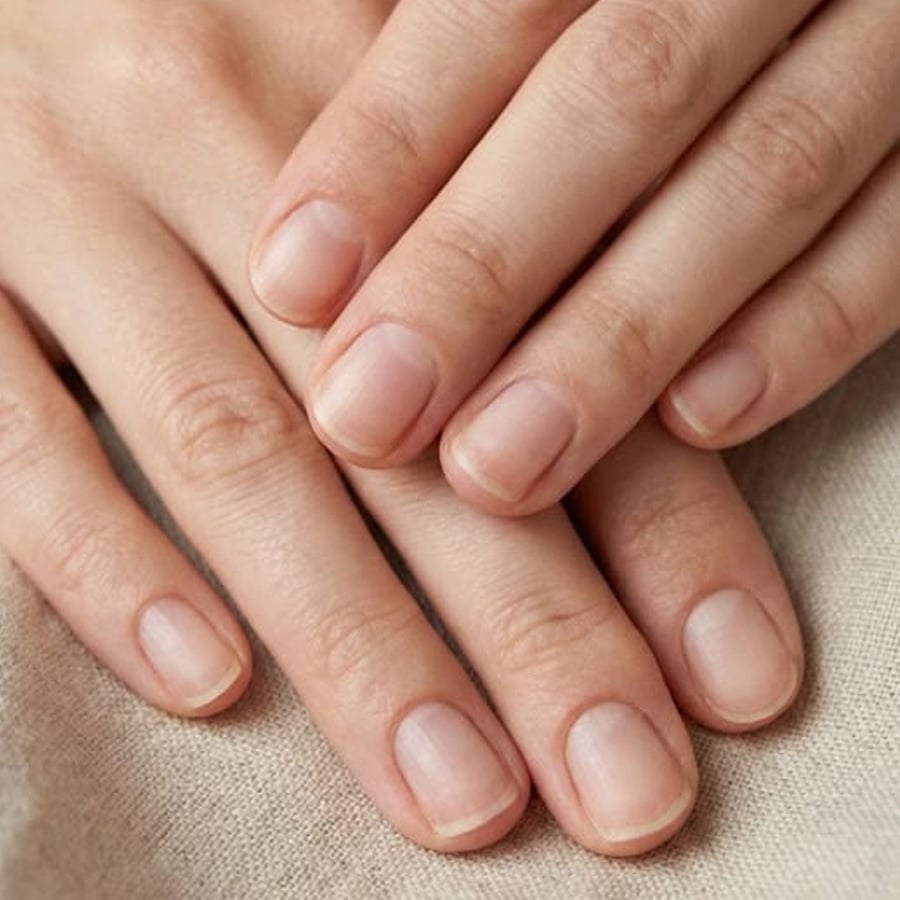 Close-up of two hands with short, clean, natural fingernails resting on a light fabric surface. The nails appear healthy, smooth, and unpolished.