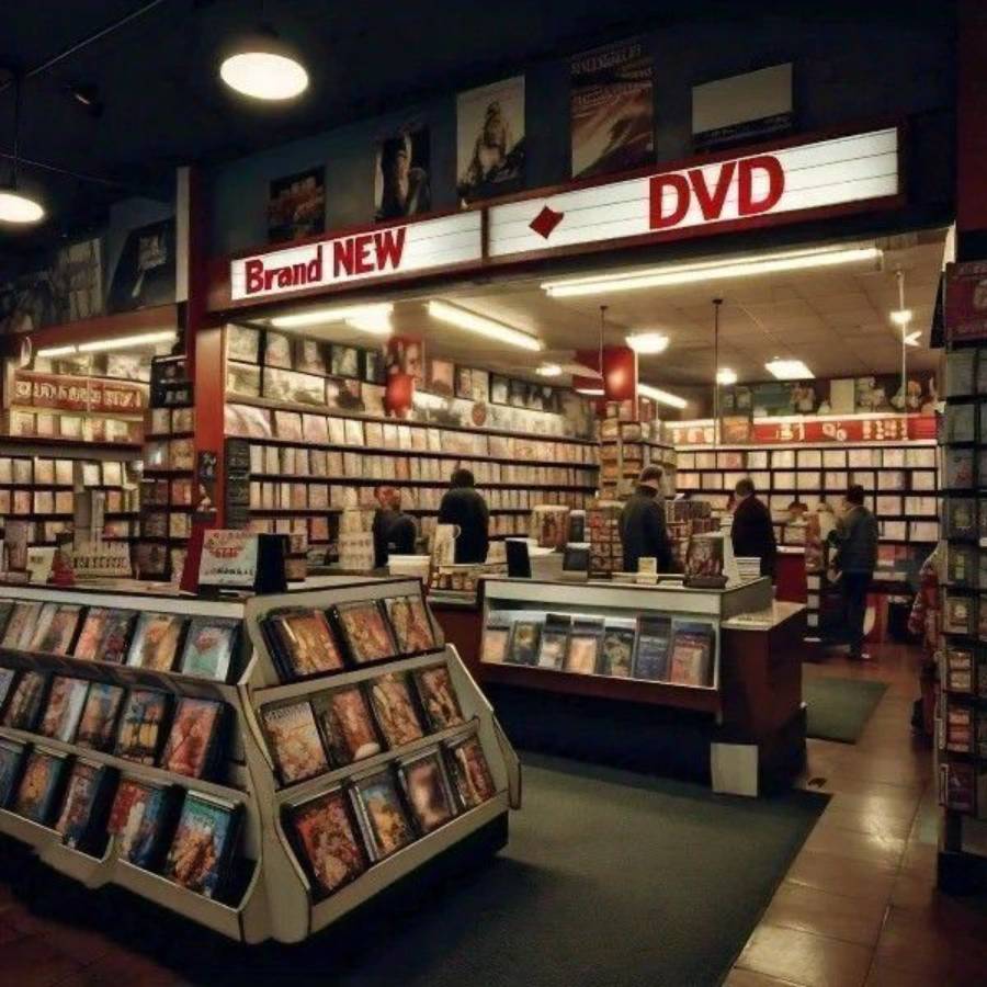 A DVD store interior with shelves and racks filled with DVDs. Several people browse the selection under a sign that reads “Brand NEW DVD.” The store has bright lighting and movie posters on the walls.