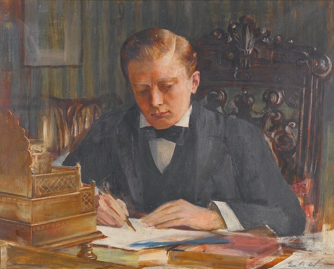 A man in a suit sits at a carved wooden desk, writing a letter with a pen. Papers and a decorative box are on the desk. The scene is warmly lit and painted in a realistic style.