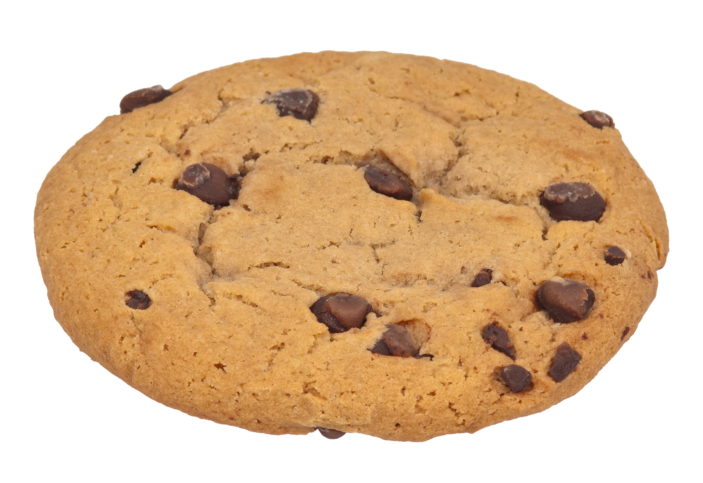 A single chocolate chip cookie with a golden-brown color and visible chocolate chips, isolated on a white background.