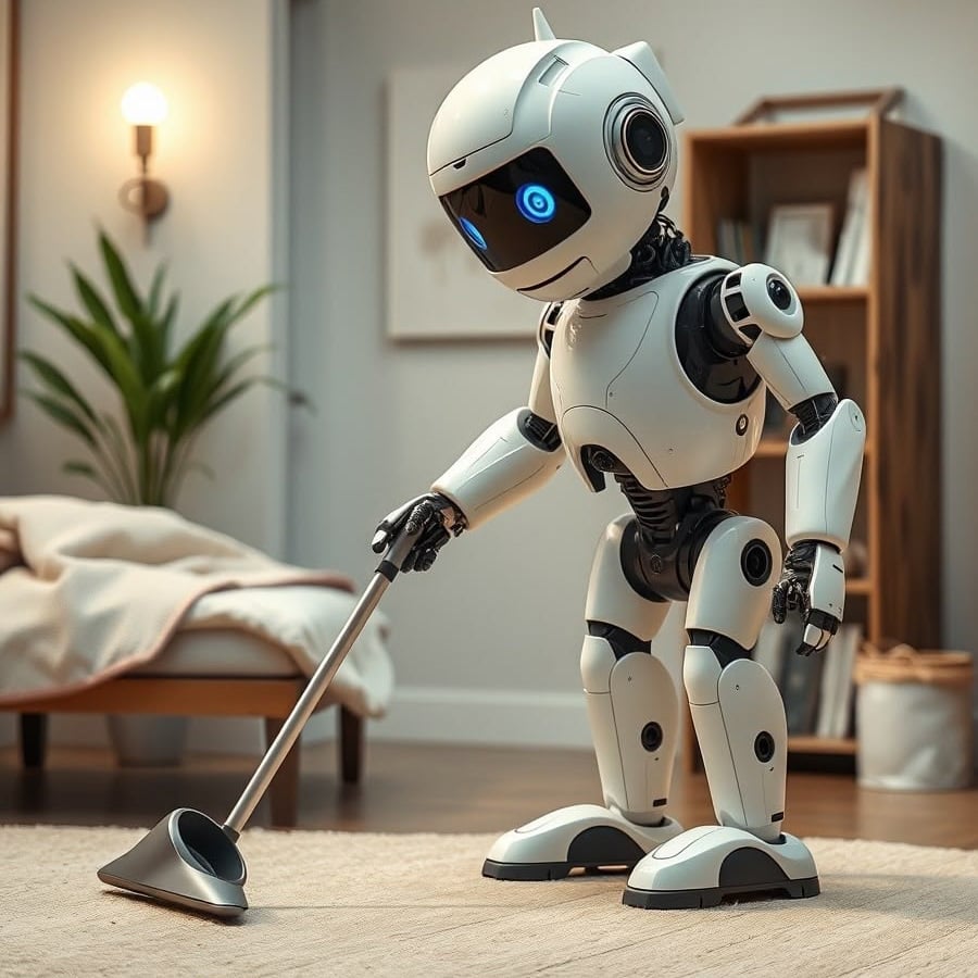 A white robot vacuuming a carpet in a cozy, modern living room with a bed, plant, and bookshelf in the background.