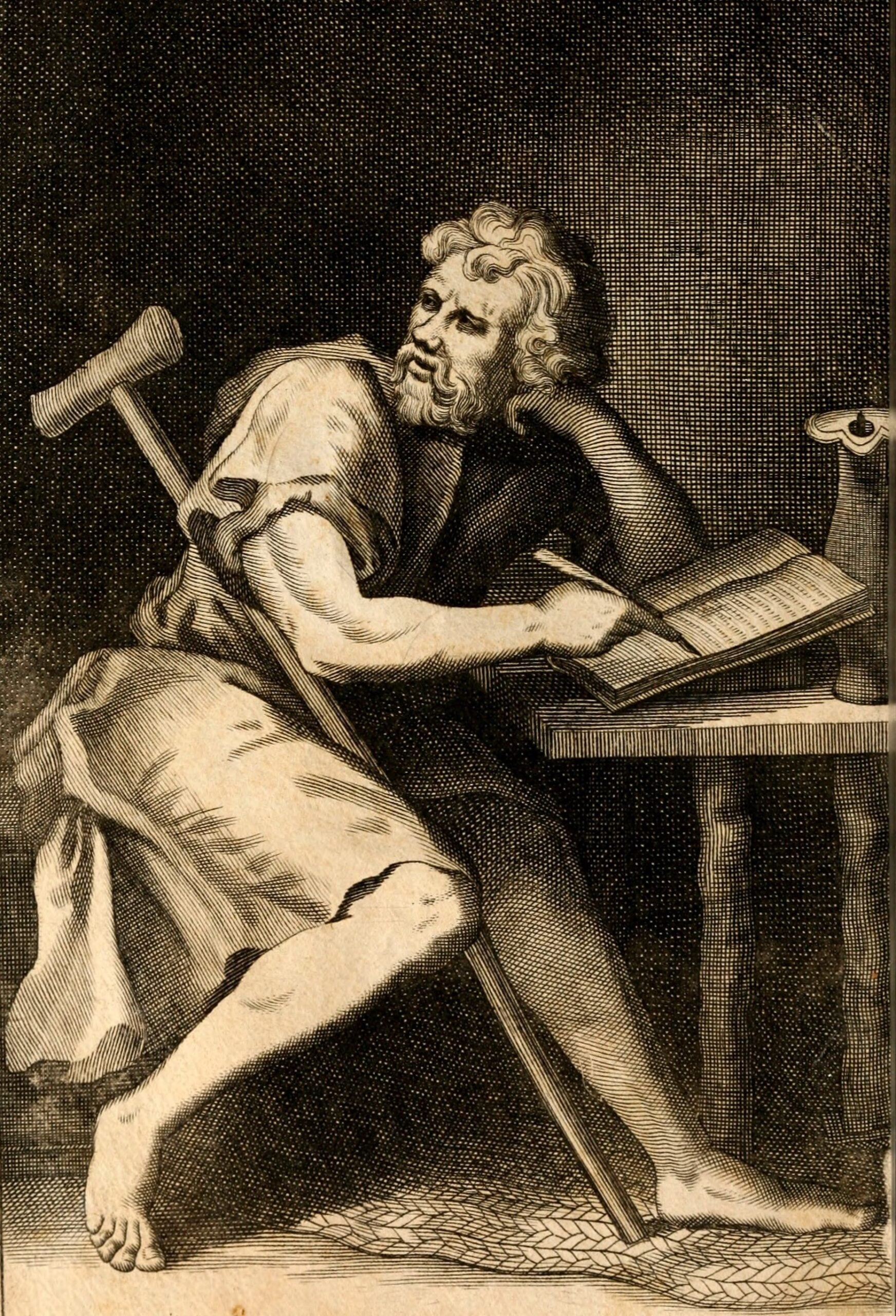An ancient philosopher with a beard sits by a table, writing in a book. He props himself on a crutch and rests his head on his hand, wearing a simple robe, with a lamp on the table beside him.