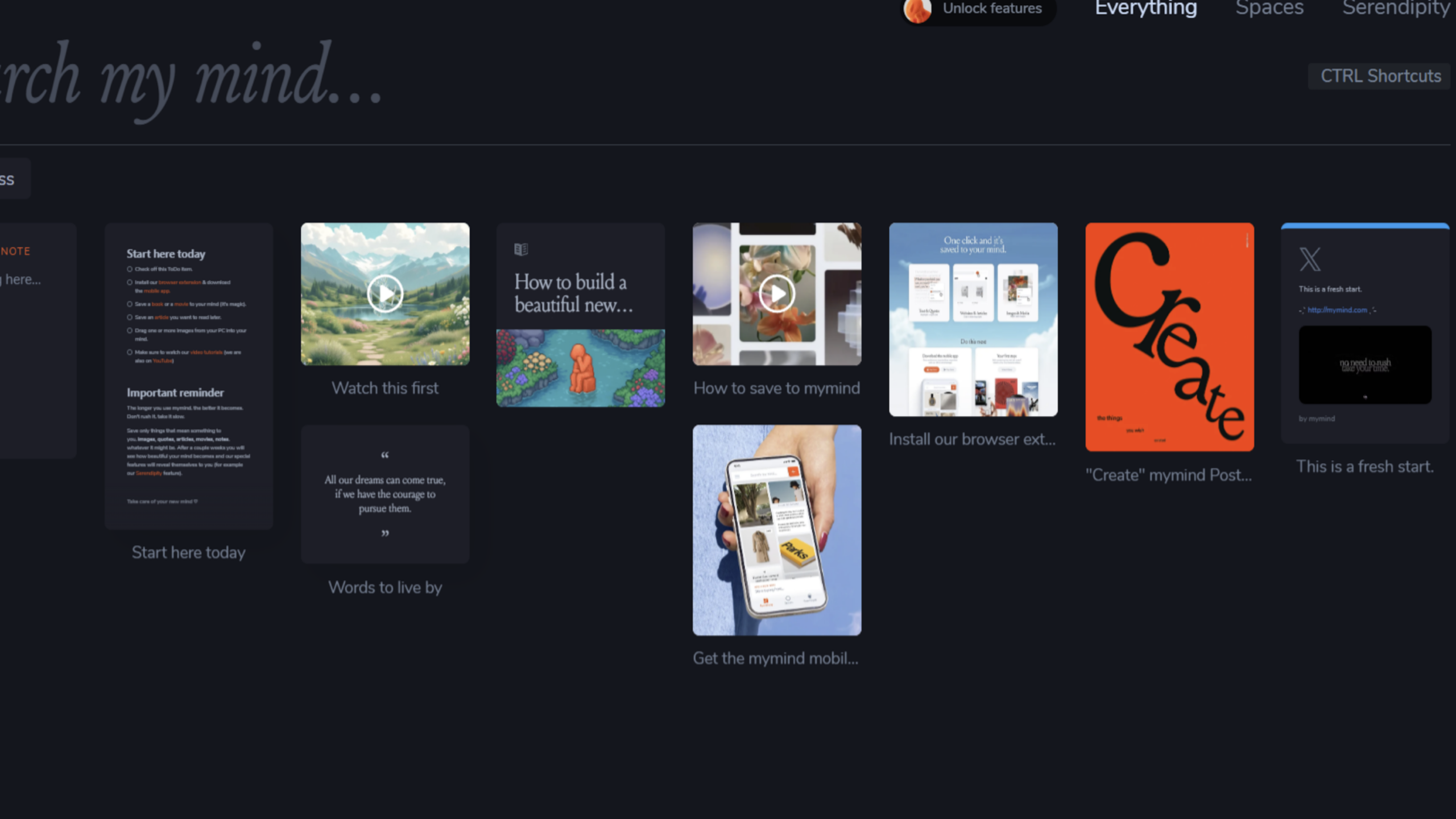 A dark-themed digital dashboard with various colorful content cards, including reminders, inspirational quotes, guides, and images, displayed in a grid layout. The words “Search my mind...” appear in the upper left corner.