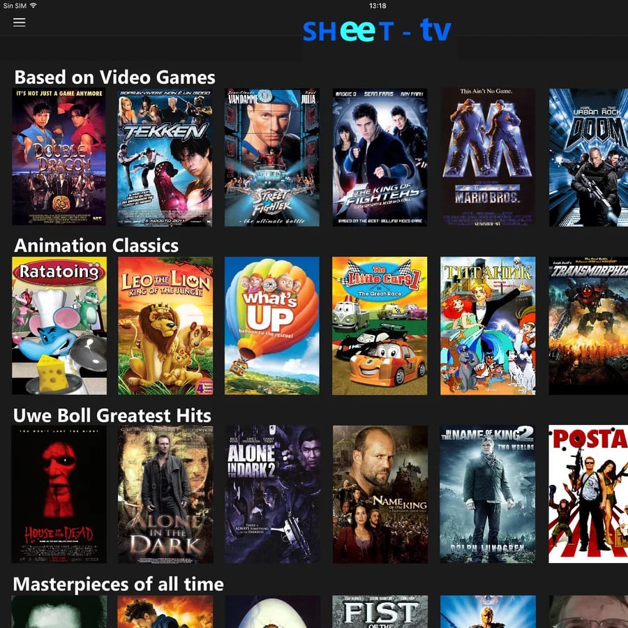 A grid of movie posters organized by categories like “Based on Video Games,” “Animation Classics,” “Uwe Boll Greatest Hits,” and “Masterpieces of all time” on a streaming-style interface.