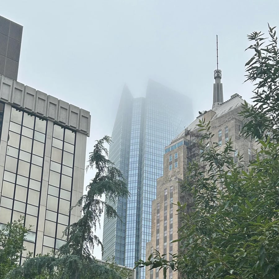 Tall buildings in a city with the tallest skyscraper partially obscured by fog. Trees and greenery are visible in the foreground, and the sky appears overcast.