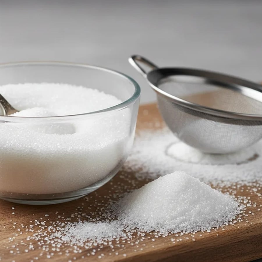 A glass bowl filled with granulated sugar, a metal strainer, and a small pile of sugar on a wooden surface.
