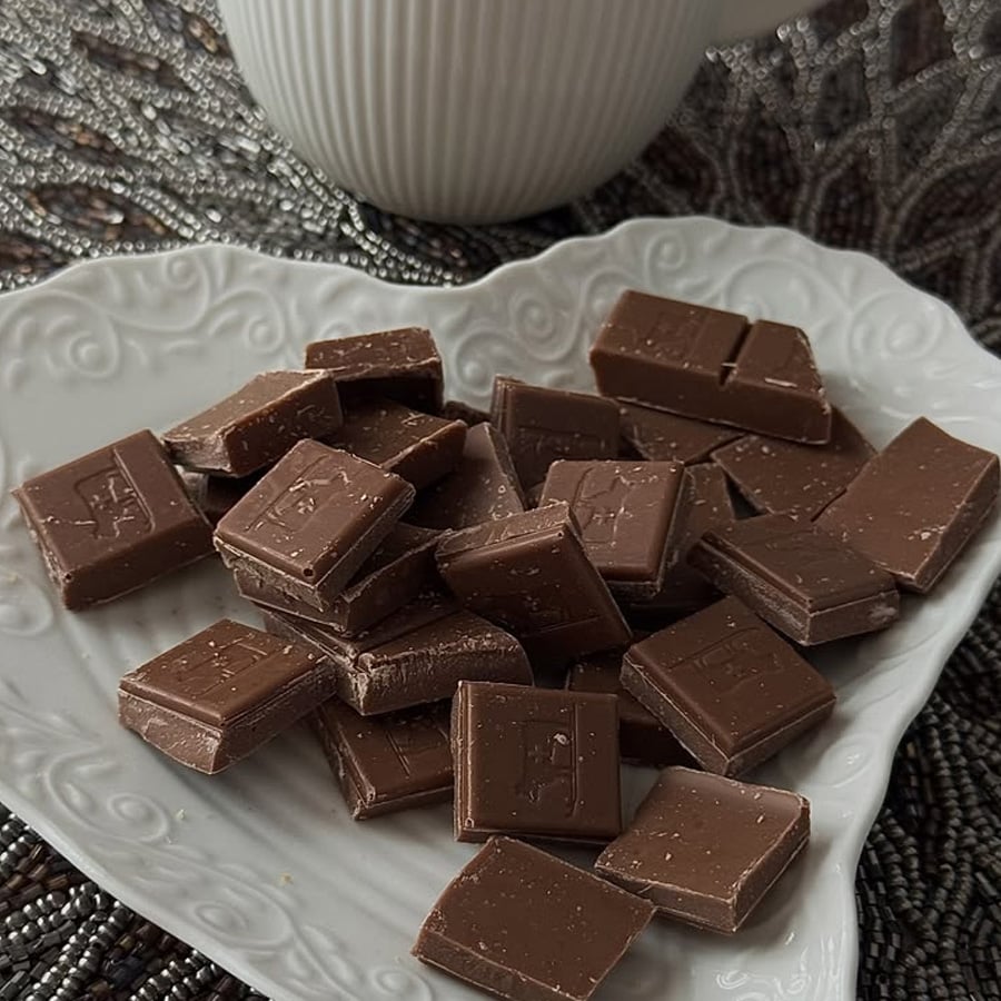 A white, ornate plate holding scattered squares of milk chocolate sits in front of a white cup, all placed on a dark, intricately patterned surface.